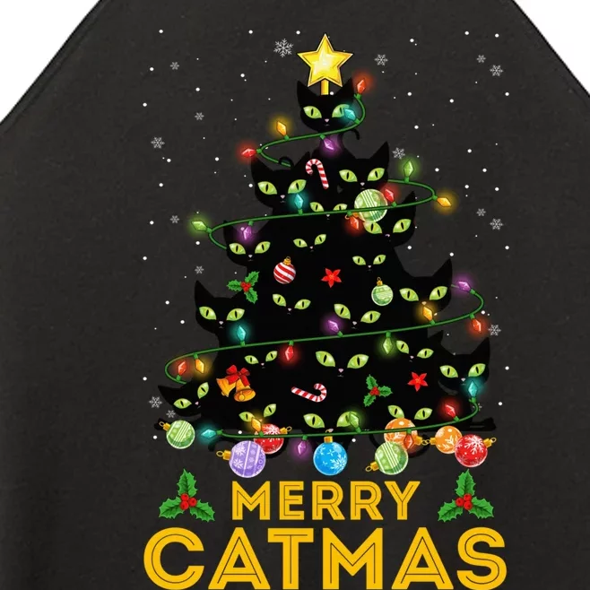 Funny Merry Catmas Black Cats Christmas Tree Lights Xmas PJS Women’s Perfect Tri Rocker Tank