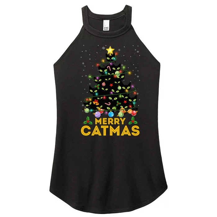 Funny Merry Catmas Black Cats Christmas Tree Lights Xmas PJS Women’s Perfect Tri Rocker Tank