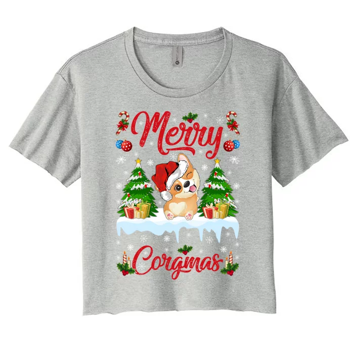 Funny Merry Corgmas Xmas Gift Santa Hat Corgi Christmas Cute Gift Women's Crop Top Tee