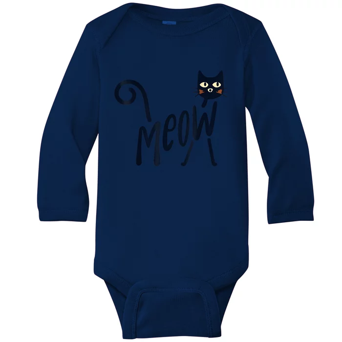 Funny Meow Cat In Black Baby Long Sleeve Bodysuit