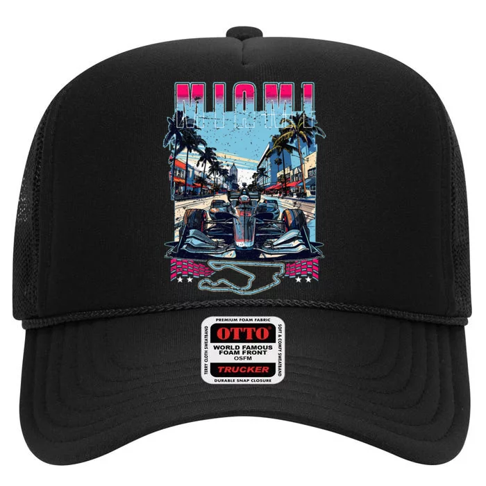 Formula Miami City Racing Racetrack Car Map Grand Prix Race High Crown Mesh Trucker Hat