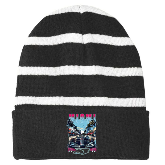 Formula Miami City Racing Racetrack Car Map Grand Prix Race Striped Beanie with Solid Band