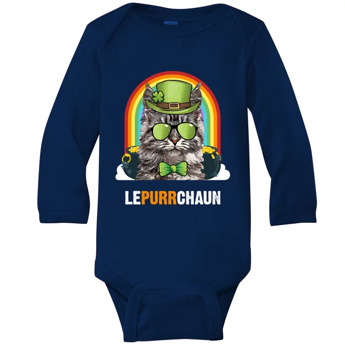 Funny Maine Coon Cat Lepurrchaun St Patricks Day Gift Baby Long Sleeve Bodysuit