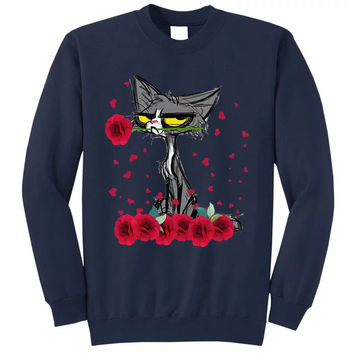 Funny Meh Cat Happy Valentines Day Flowers Women Tall Sweatshirt