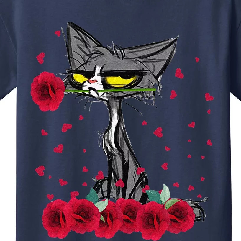 Funny Meh Cat Happy Valentines Day Flowers Women Kids T-Shirt