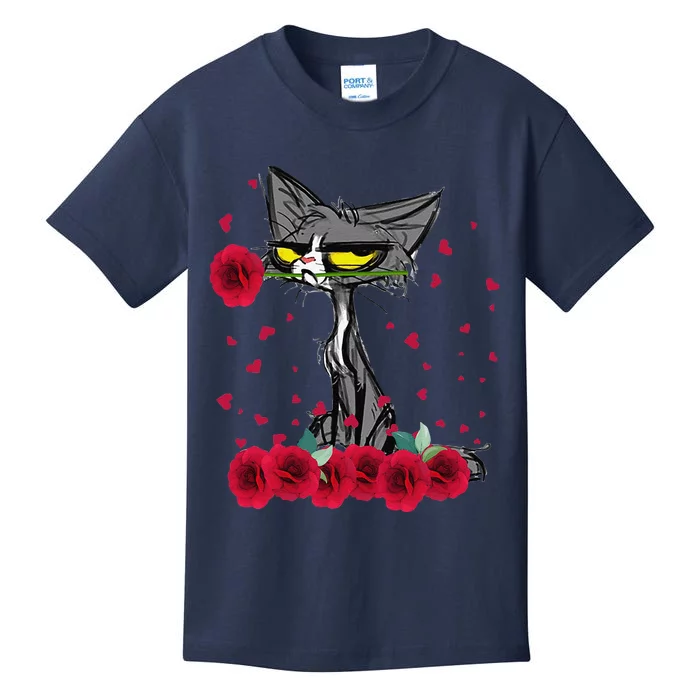 Funny Meh Cat Happy Valentines Day Flowers Women Kids T-Shirt