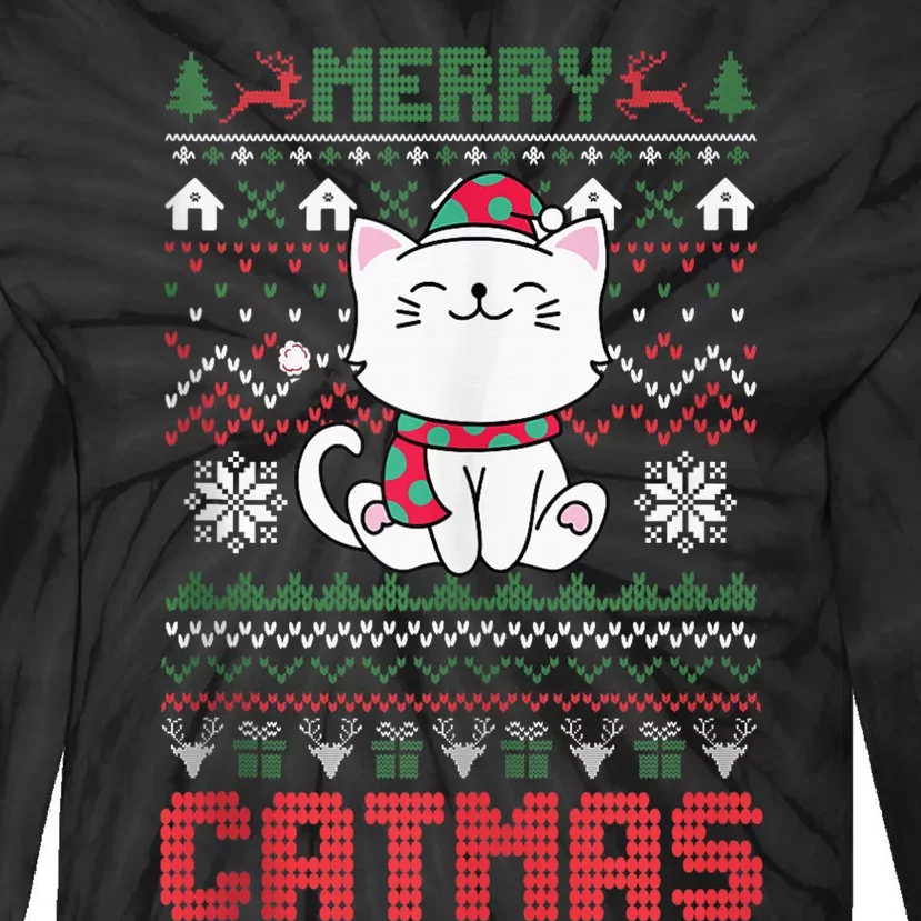 Funny Merry Catmas Ugly Christmas Sweater Cat Santa Hat Tie-Dye Long Sleeve Shirt