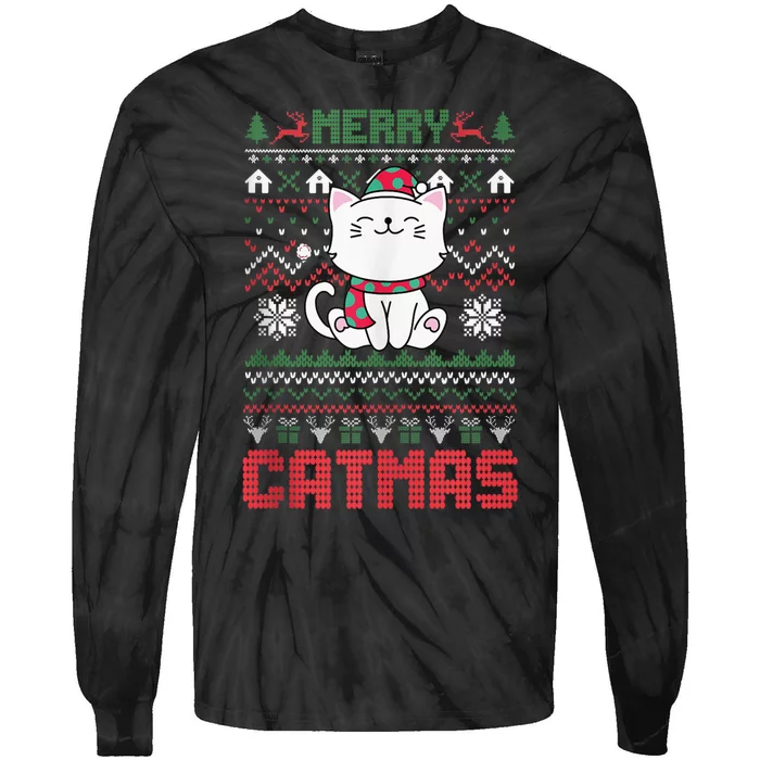 Funny Merry Catmas Ugly Christmas Sweater Cat Santa Hat Tie-Dye Long Sleeve Shirt