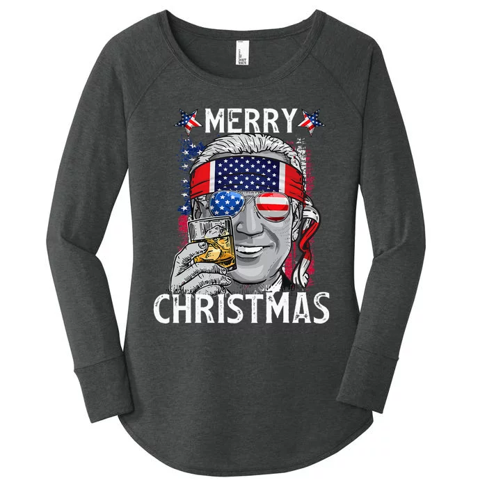 Funny Merry Christmas Joe Biden 4th Of July US American Flag Women's Perfect Tri Tunic Long Sleeve Shirt