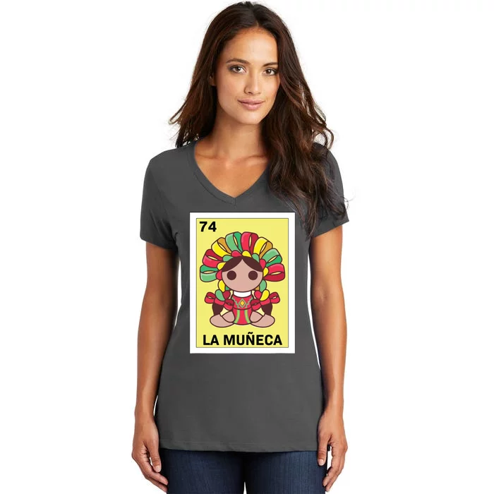 Funny Mexican Doll Design La Mueca Women's V-Neck T-Shirt