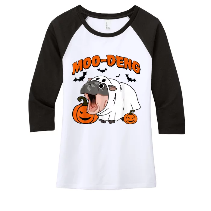 Funny Moo Deng Halloween Boo Ghost Costume Moodeng Lover Women's Tri-Blend 3/4-Sleeve Raglan Shirt