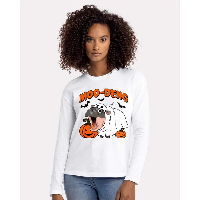 Funny Moo Deng Halloween Boo Ghost Costume Moodeng Lover Womens Cotton Relaxed Long Sleeve T-Shirt