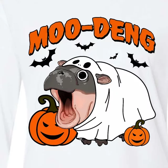 Funny Moo Deng Halloween Boo Ghost Costume Moodeng Lover Womens Cotton Relaxed Long Sleeve T-Shirt