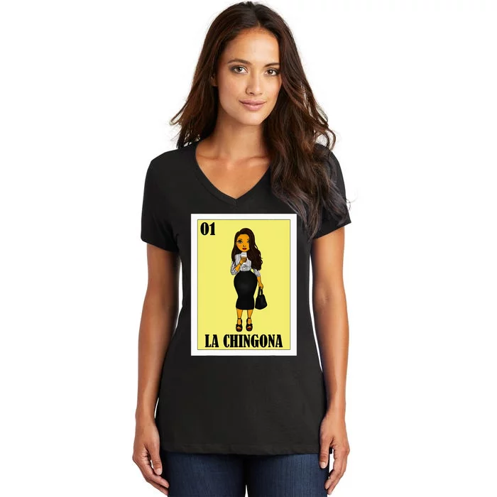 Funny Mexican Design For Hispanas La Chingona Women's V-Neck T-Shirt