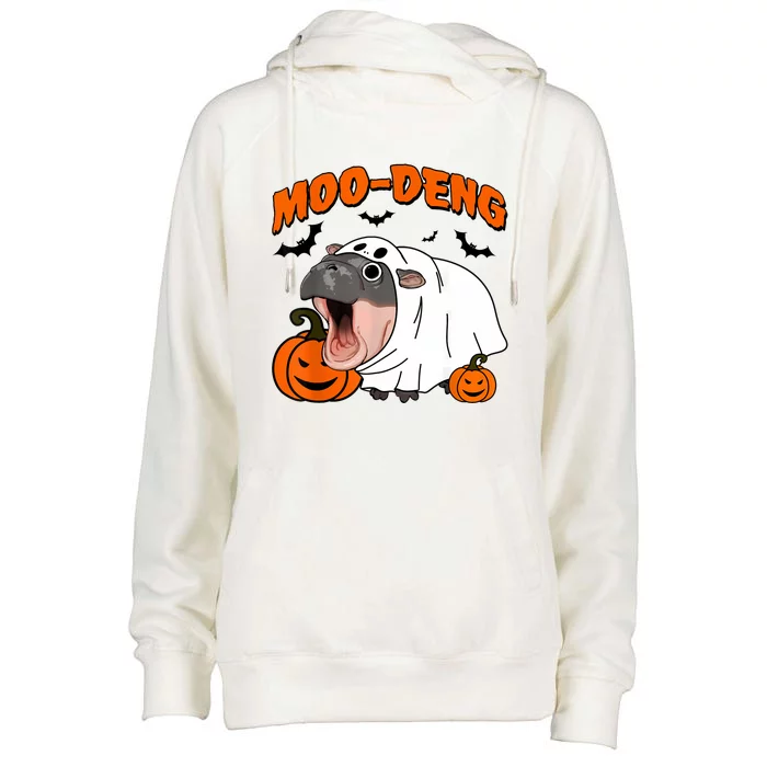 Funny Moo Deng Halloween Boo Ghost Costume Moodeng Lover Womens Funnel Neck Pullover Hood