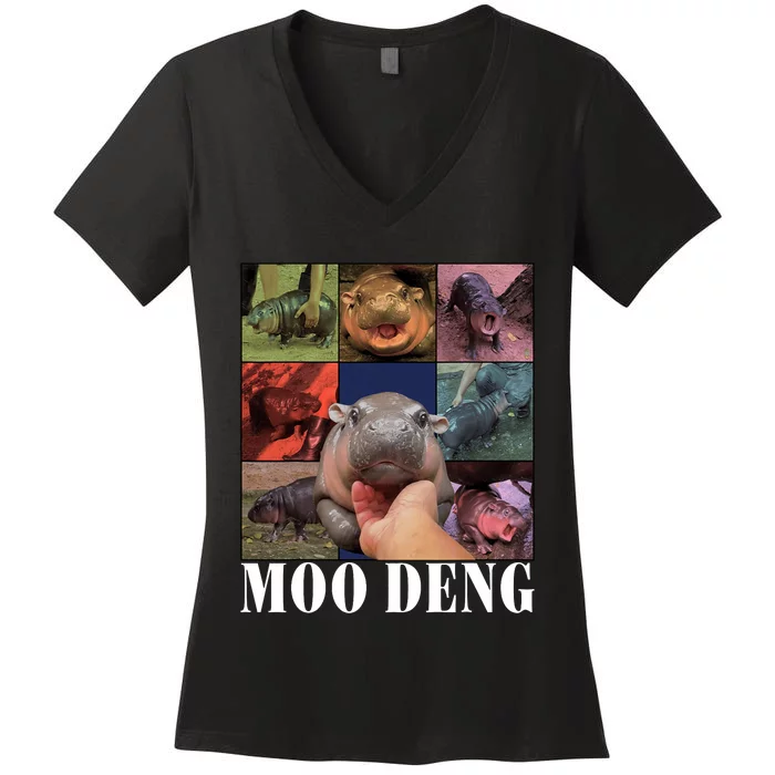 Funny Moo Deng Baby Pygmy Hippo Cute Zoo For Family Women's V-Neck T-Shirt