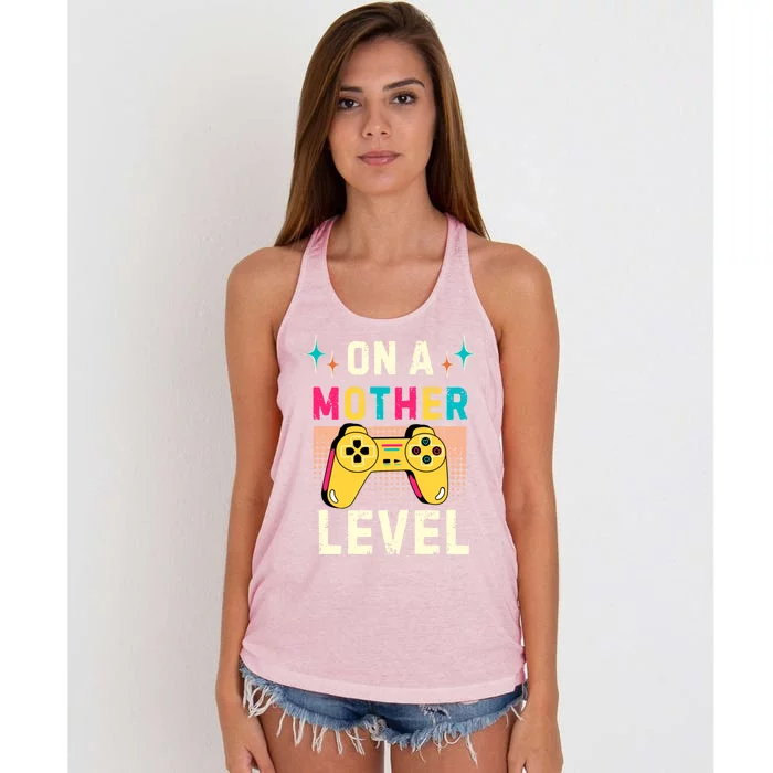 Funny Mothers Day Gamer Mom Gaming On A Mother Level Up Game Gift Women's Knotted Racerback Tank