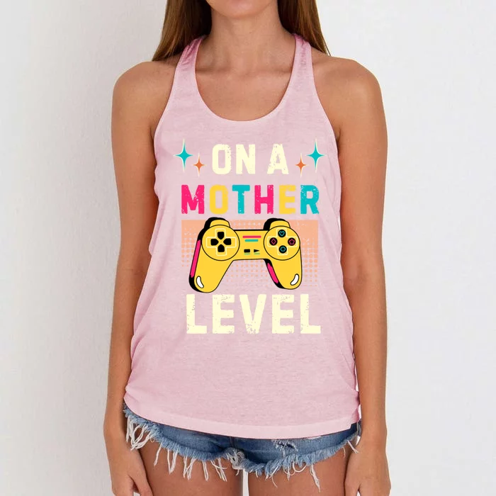 Funny Mothers Day Gamer Mom Gaming On A Mother Level Up Game Gift Women's Knotted Racerback Tank