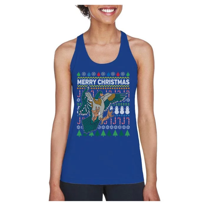 Flying Mallard Duck Merry Christmas Ugly Xmas Design Gift Women's Racerback Tank