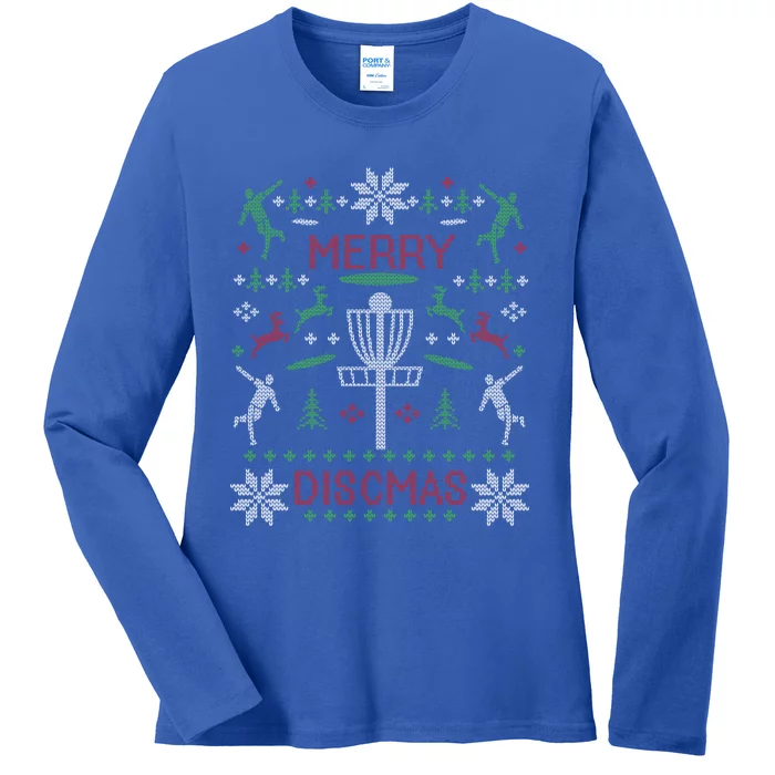 Funny Merry Discmas Disc Golf Ugly Christmas Sweater Design Gift Ladies Long Sleeve Shirt