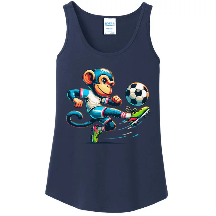 Funny Monkey Design Monkey Playing Soccer Ladies Essential Tank