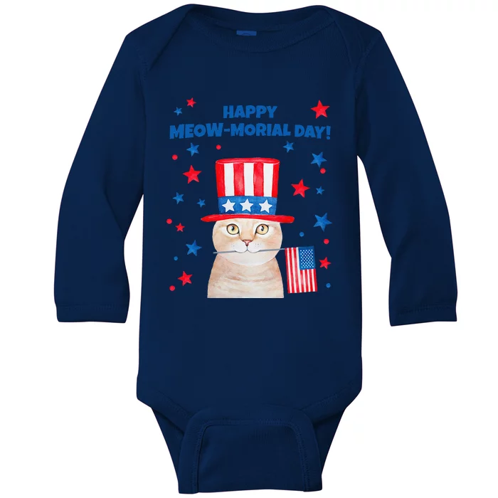 Funny Memorial Day Cat MEOWMorial Day Baby Long Sleeve Bodysuit