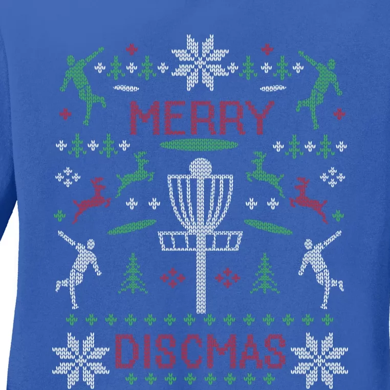 Funny Merry Discmas Disc Golf Ugly Christmas Sweater Design Gift Ladies Long Sleeve Shirt