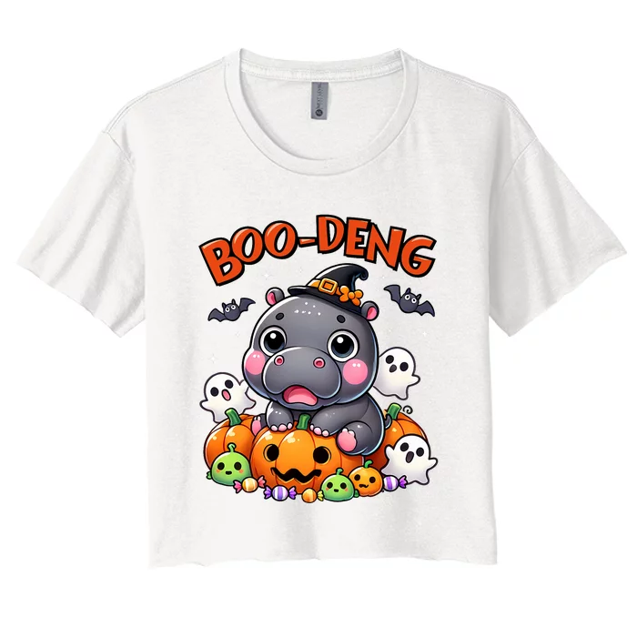 Funny Moo Deng Baby Pygmy Hippo Bouncy Pig In Thai Halloween Women's Crop Top Tee