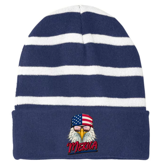 Funny Merica Eagle USA American Flag Striped Beanie with Solid Band