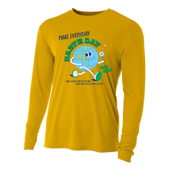 Funny Make Everyday Earth Day Think Green Cartoon Earth Cooling Performance Long Sleeve Crew