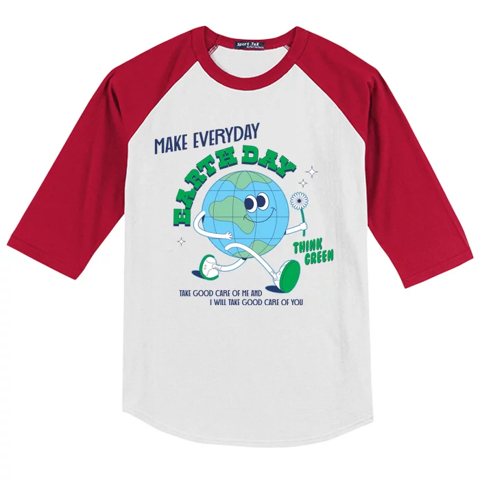 Funny Make Everyday Earth Day Think Green Cartoon Earth Kids Colorblock Raglan Jersey