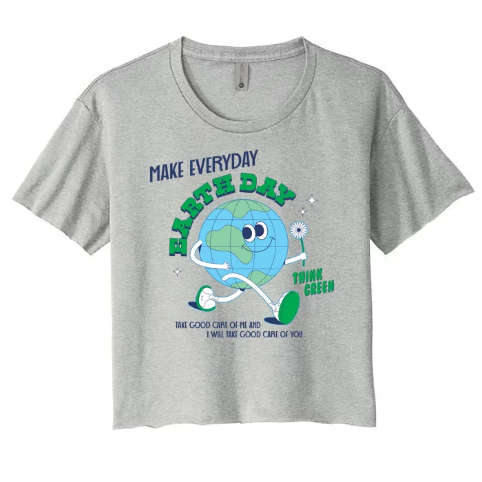 Funny Make Everyday Earth Day Think Green Cartoon Earth Women's Crop Top Tee