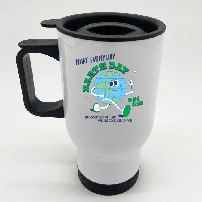 Funny Make Everyday Earth Day Think Green Cartoon Earth Front & Back Stainless Steel Travel Mug