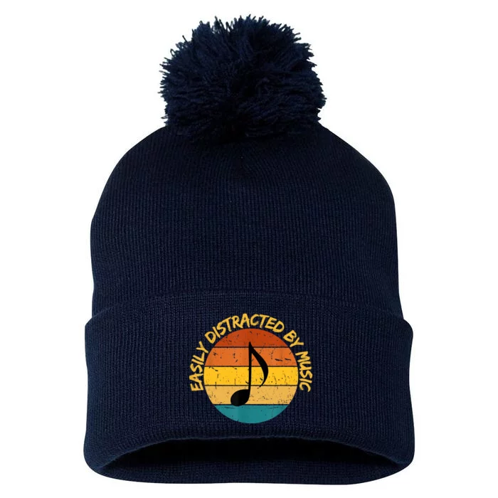 Funny Music Easily Distracted By Music Musician Music Lover Pom Pom 12in Knit Beanie