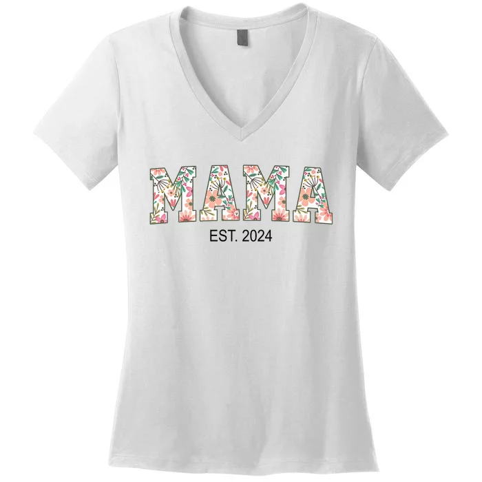 Floral Mama Est 2024 Promoted To Mommy 2024 For MotherS Day Women's V-Neck T-Shirt