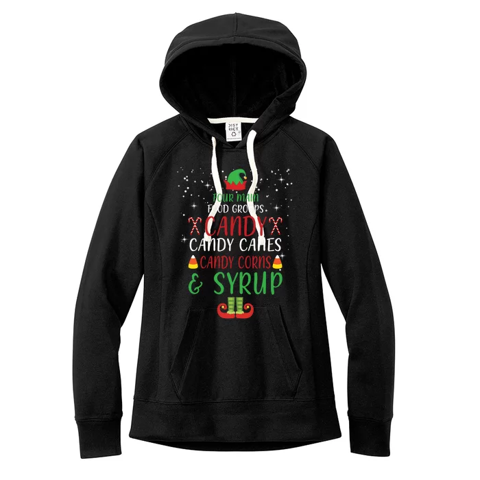 Four Main Food Groups Candy Canes Candy Corns Syrup Elf Women's Fleece Hoodie