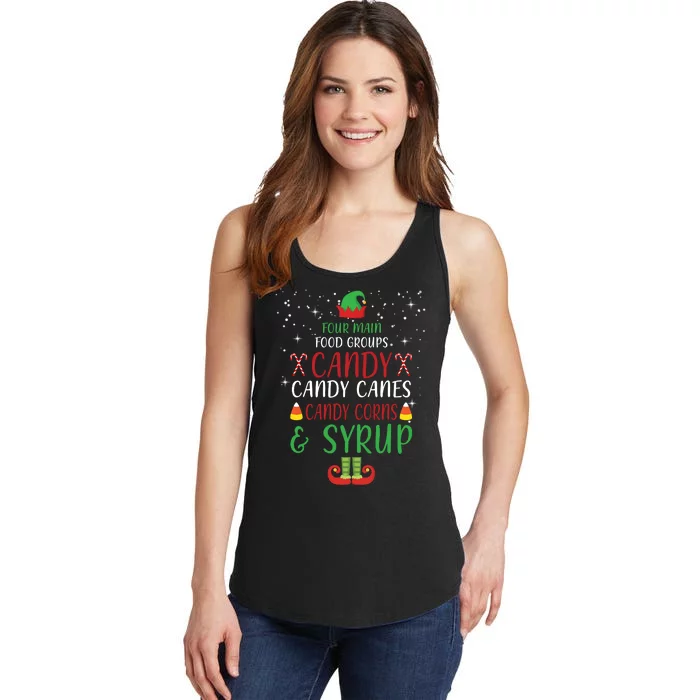 Four Main Food Groups Candy Canes Candy Corns Syrup Elf Ladies Essential Tank