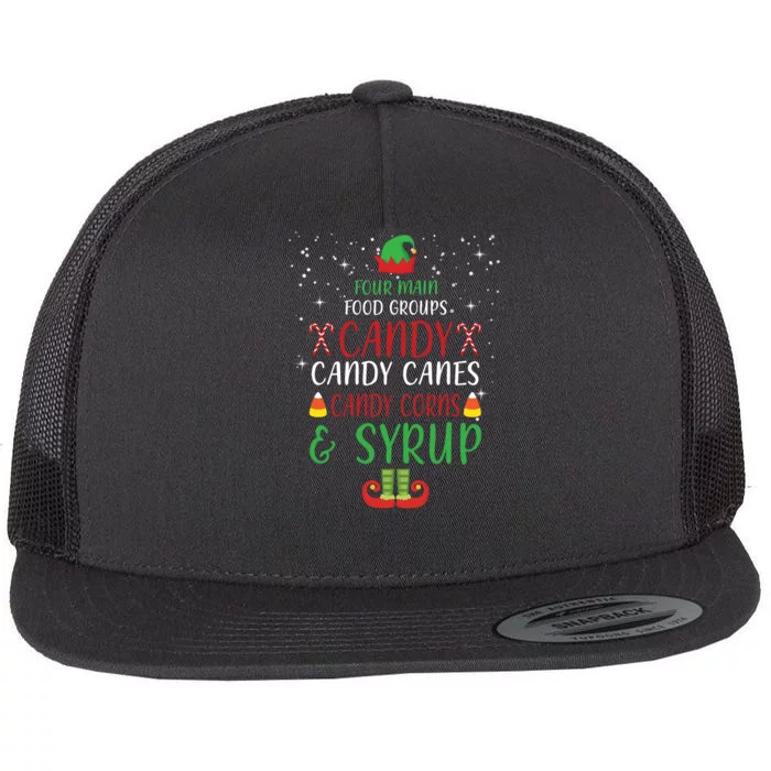 Four Main Food Groups Candy Canes Candy Corns Syrup Elf Flat Bill Trucker Hat