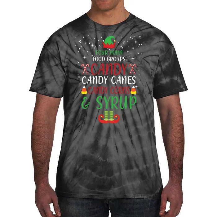 Four Main Food Groups Candy Canes Candy Corns Syrup Elf Tie-Dye T-Shirt