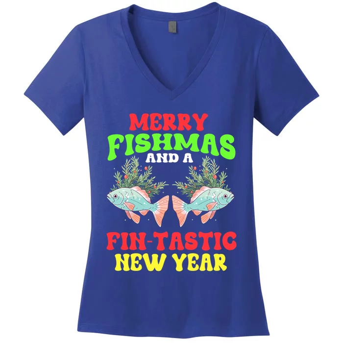 Fishing Merry Fishmas And A Fintastic New Year Great Gift Women's V-Neck T-Shirt