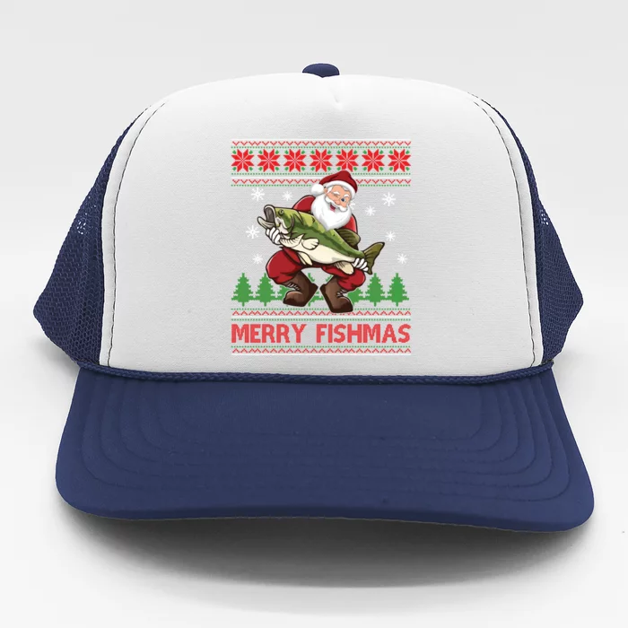 Fun Merry Fishmas Santa Fishing Ugly Christmas Sweater Style Gift Trucker Hat