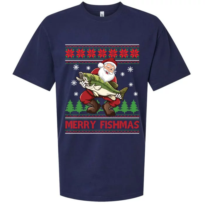 Fun Merry Fishmas Santa Fishing Ugly Christmas Sweater Style Gift Sueded Cloud Jersey T-Shirt