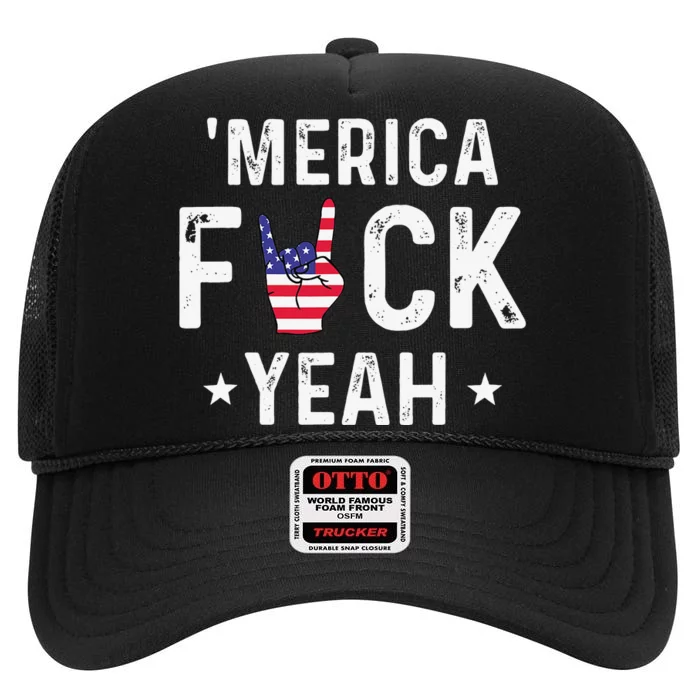 Funny Merica Fuck Yeah 4th Of July High Crown Mesh Trucker Hat