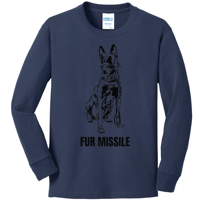 Fur Missile Funny Black Belgian Malinois Dog Kids Long Sleeve Shirt