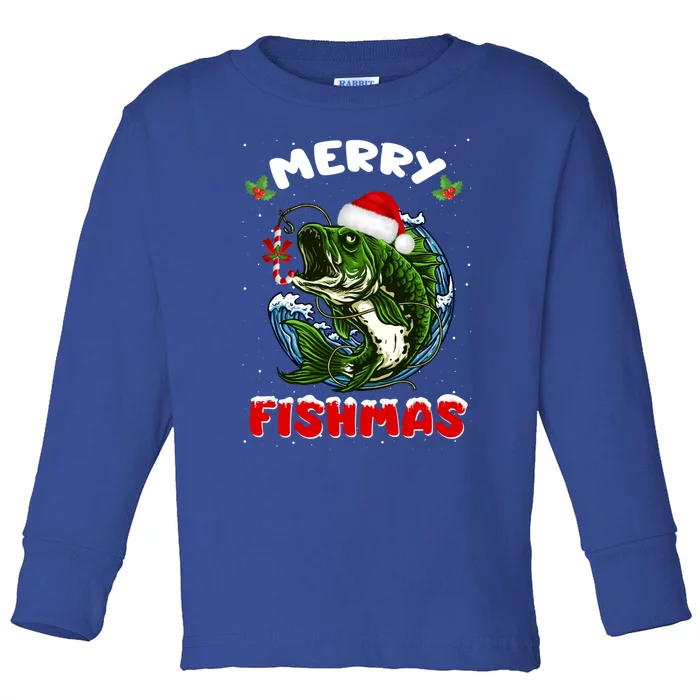 Funny Merry Fishmas Fishers Fishing Christmas Santa Pajama Cute Gift Toddler Long Sleeve Shirt