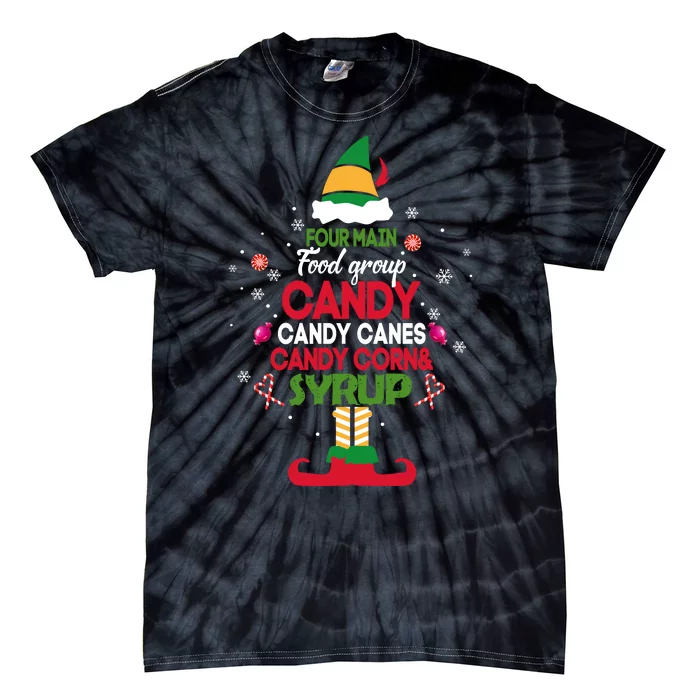 Four Main Food Groups Candy Canes Candy Corns Syrup Elf Tie-Dye T-Shirt