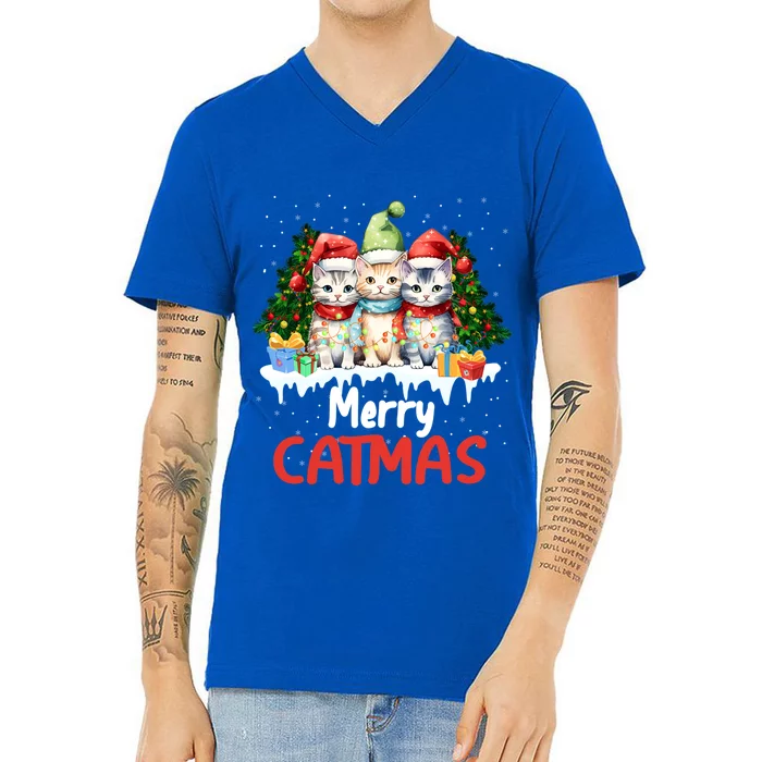 Funny Meow Feline Festive Merry Catmas Christmas Cat Gift V-Neck T-Shirt