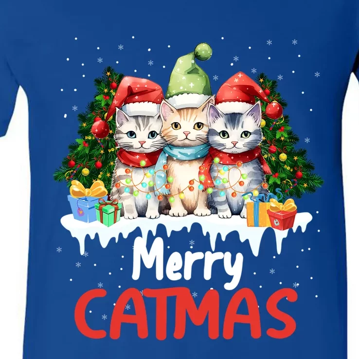 Funny Meow Feline Festive Merry Catmas Christmas Cat Gift V-Neck T-Shirt