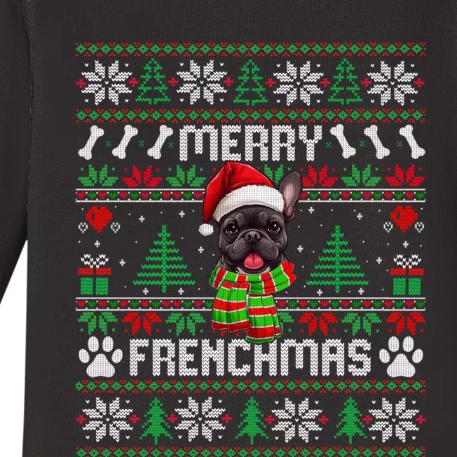 Funny Merry Frenchmas French Bulldog Christmas Ugly Sweater Baby Long Sleeve Bodysuit