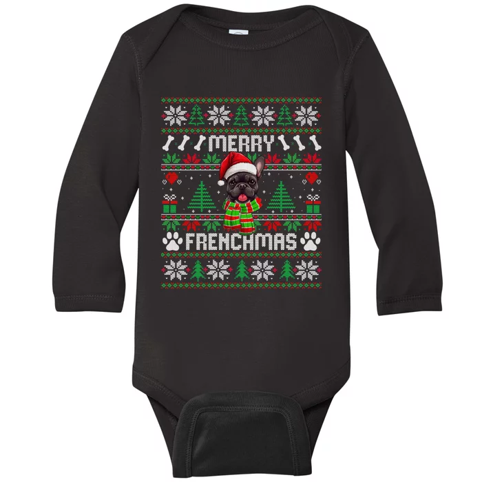 Funny Merry Frenchmas French Bulldog Christmas Ugly Sweater Baby Long Sleeve Bodysuit